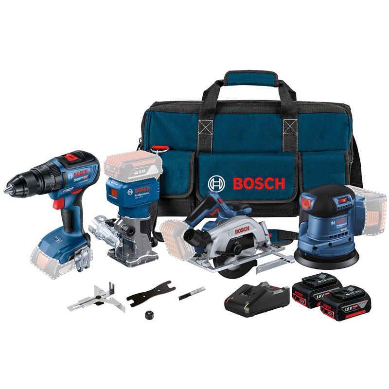 BOSCH - Combo inalámbrico para madera: Taladro percutor Bosch GSB 18V-50 + Fresadora GLF 18V-8 + Sierra circular GKS 185 + Lijadora GEX 185 + Bolso de Lona
