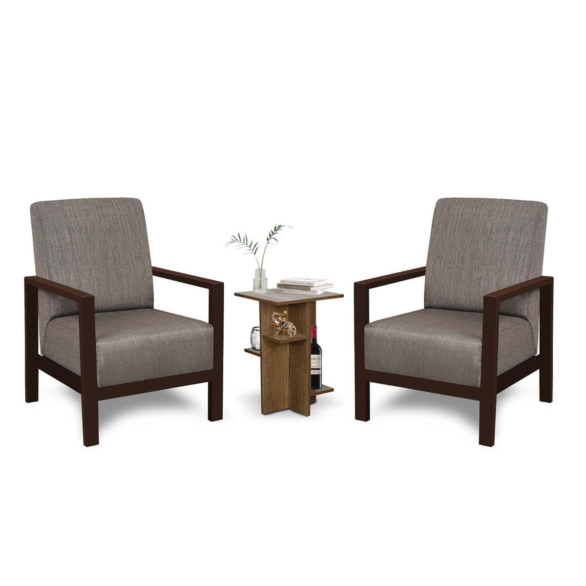 FORLI - Set 02 Sillas Poltronas Marrón + 01 Mesa de Centro Anton