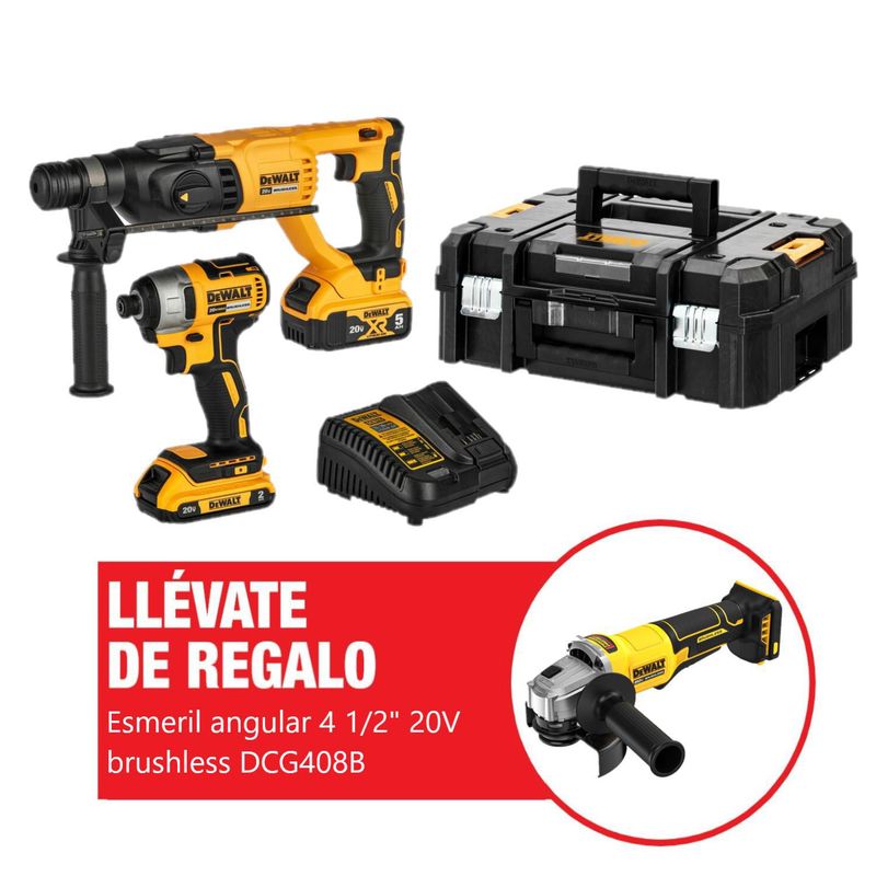 DEWALT - Kit rotomartillo SDS Plus 2.6J + atornillador de impacto 1/4" 20V + 02 baterías 2AH 5AH + caja de herramientas DCK260D1P1T + Regalo : esmeril angular 4 1/2" 20V brushless baretool DCG408B DeWALT