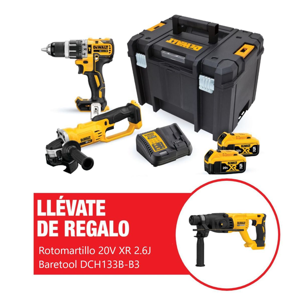 DEWALT - Kit Taladro Percutor 1/2" DCD796 + Esmeril Angular 4 1/2" DCG412 + Regalo: Rotomartillo SDS Plus 20V