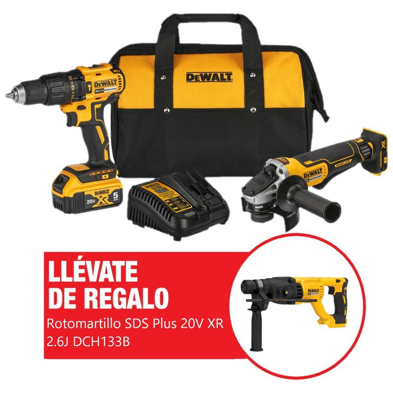 DEWALT - Kit Taladro Percutor 1/2" + Esmeril Angular 4 1/2" + Batería 5Ah DCK248P1 + Regalo: Rotomartillo SDS Plus 20V XR 2.6J Baretool DCH133B DeWALT