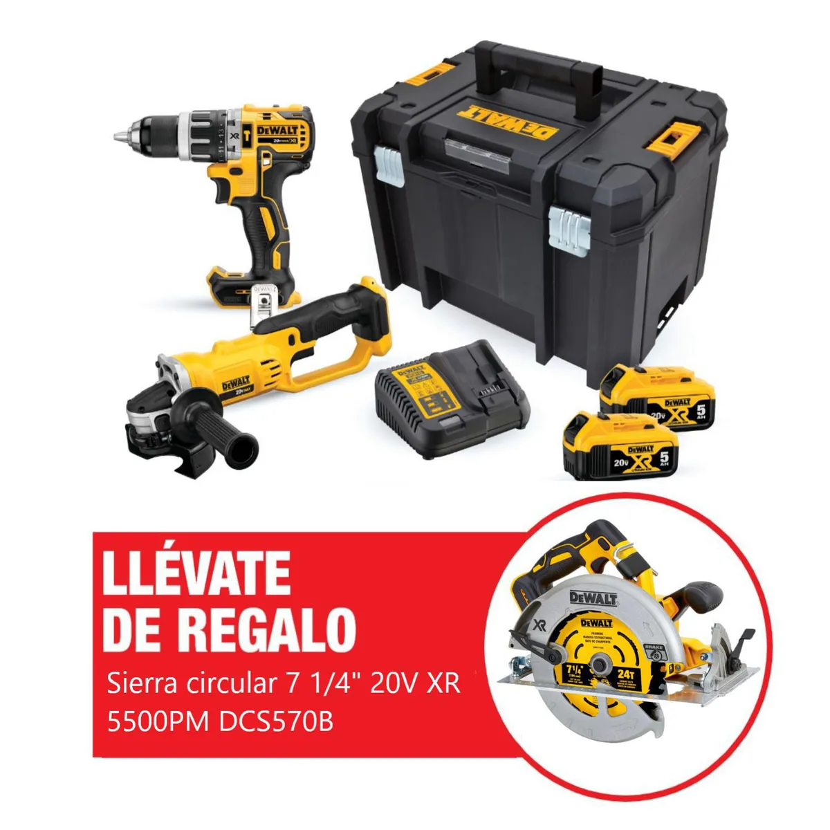 DEWALT - Kit Taladro Percutor 1/2” + Esmeril Angular 4 1/2" 20V + Regalo: Sierra Circular 7 1/4" 20V DeWALT