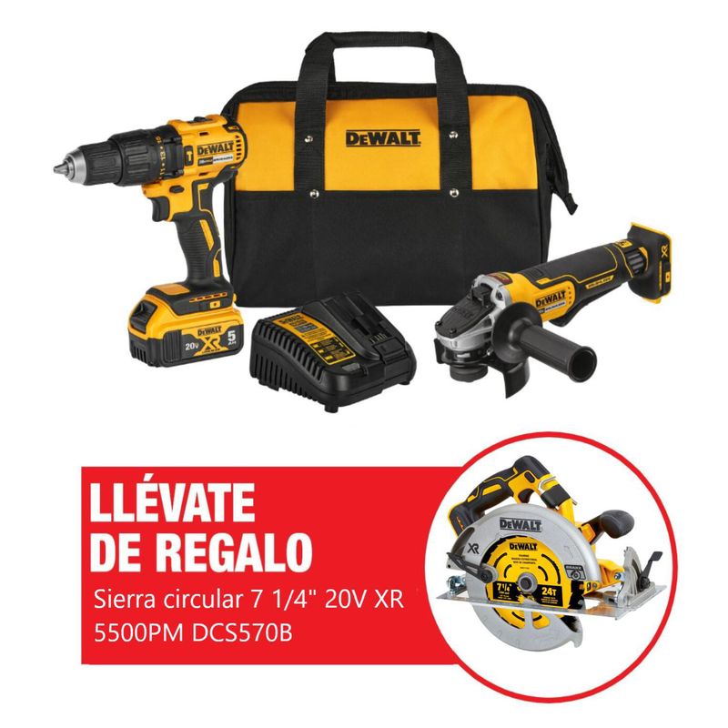DEWALT - Kit Taladro Percutor 1/2" + Esmeril Angular 4 1/2" + Batería 5Ah DCK248P1 + Regalo: Sierra Circular 7 1/4" 20V XR 5500PM Baretool DCS570B DeWALT