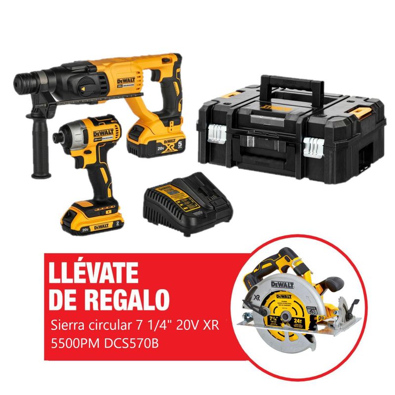 DEWALT - Kit Rotomartillo SDS Plus 2.6J + Atornillador de Impacto 1/4" 20V + 02 Baterías 2AH 5AH + Caja de Herramientas DCK260D1P1T + Regalo: Sierra Circular 7 1/4" 20V XR 5500PM Baretool DCS570B DeWALT