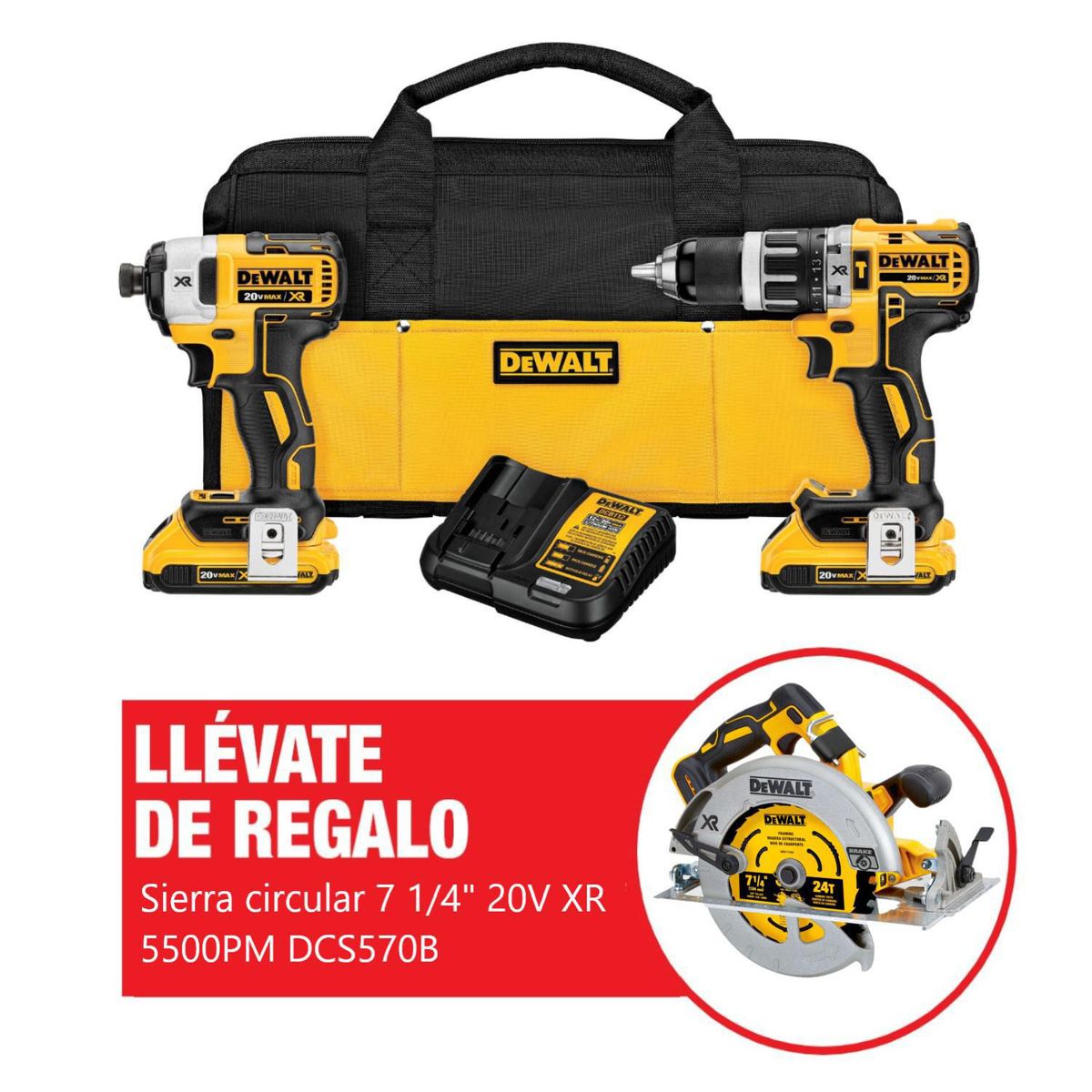DEWALT - Taladro Percutor + Atornillador de impacto +Set de Puntas 16 Piezas + REGALO Sierra Circular