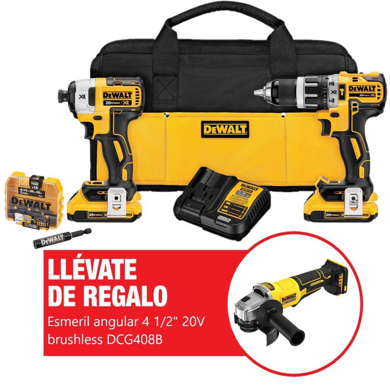 DEWALT - Kit taladro percutor 1/2" + atornillador de impacto 1/4" 20V XR DCK287D2  + set de puntas FlexTorq para Atornilladores 16 Piezas+ Regalo :  esmeril angular 4 1/2" 20V brushless baretool DCG408B  DT70522T-QZ DeWALT