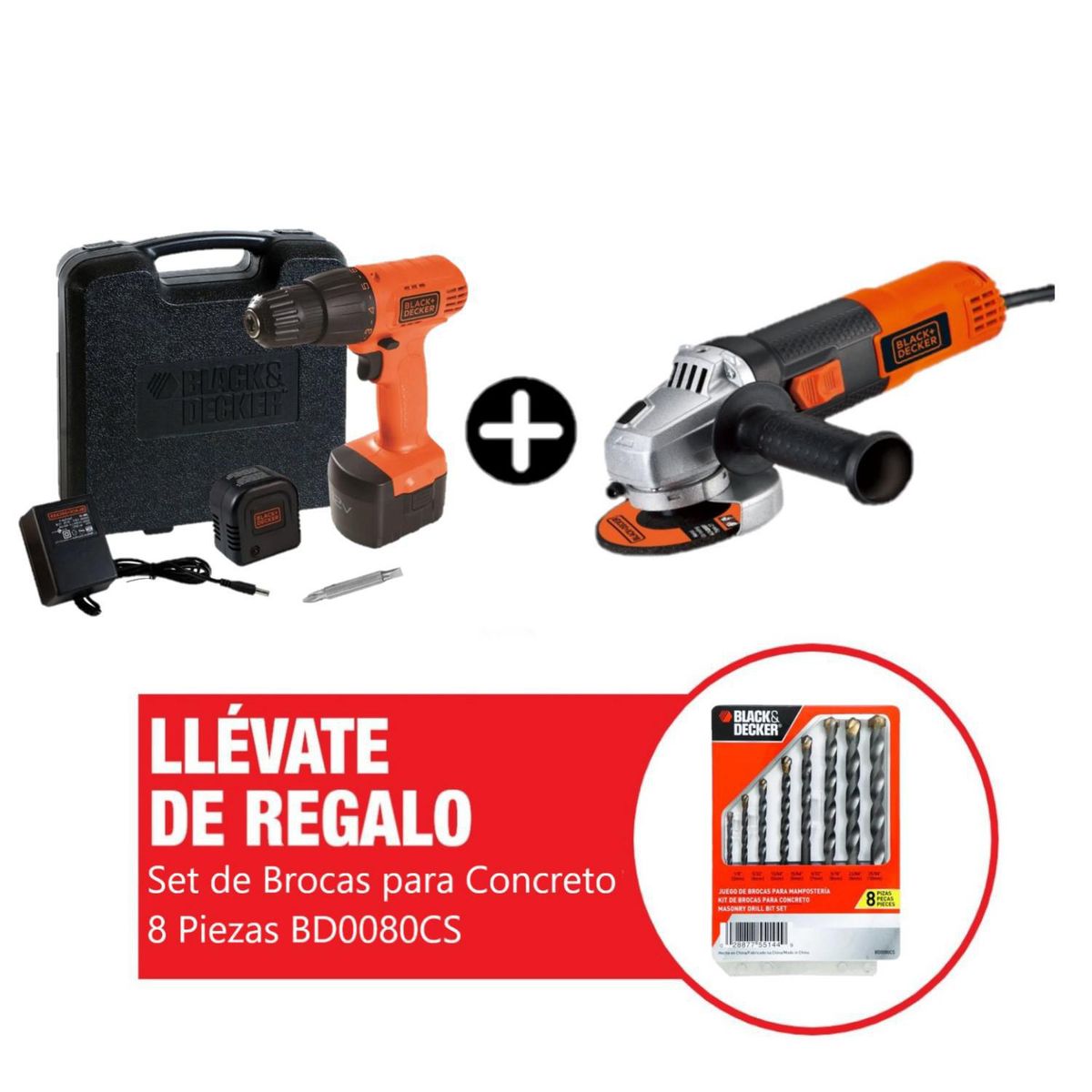 BLACK+DECKER - Taladro Atornillador + Esmeril Angular + Lijadora Orbital B&D