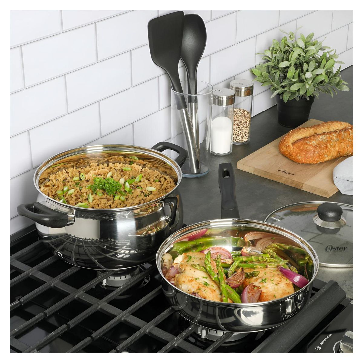 OSTER - Juego de Ollas 8 Piezas Acero Inoxidable Rametto Plateado