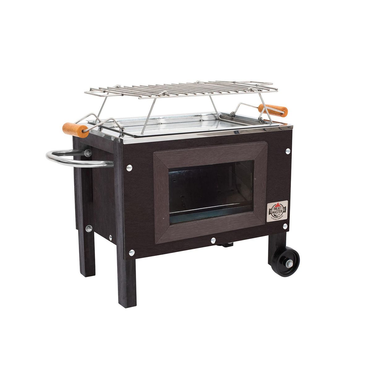 MEAT MASTER - Caja China Negra Chica con Vidrdio + Parrilla de Varillas Galvanizada