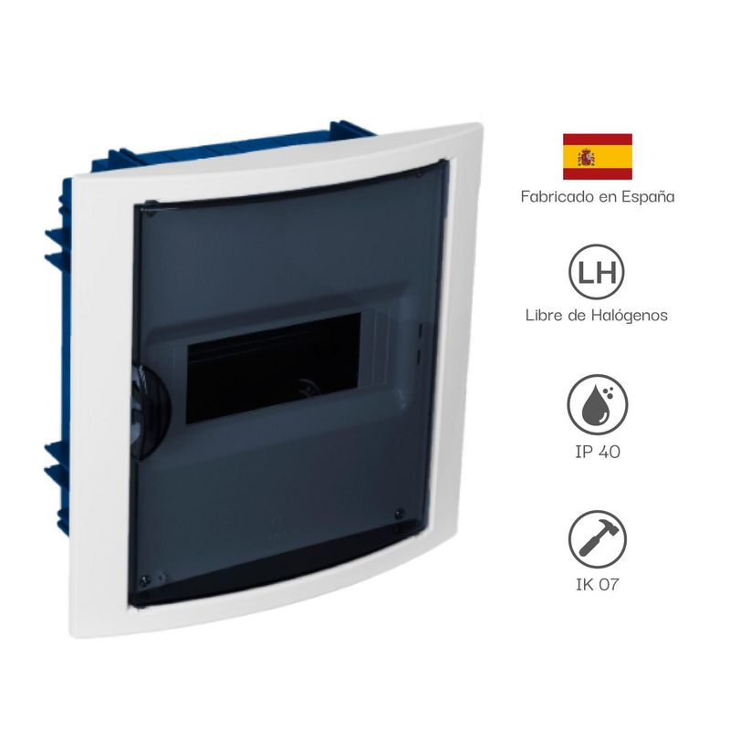 SOLERA - TABLERO RIEL DIN EMPOTRA. LIBRE HALOG. 8 POLOS PUERTA FUMÉ A/H IP40 IK07 , P/DRYWALL,  TERMOSELLADO