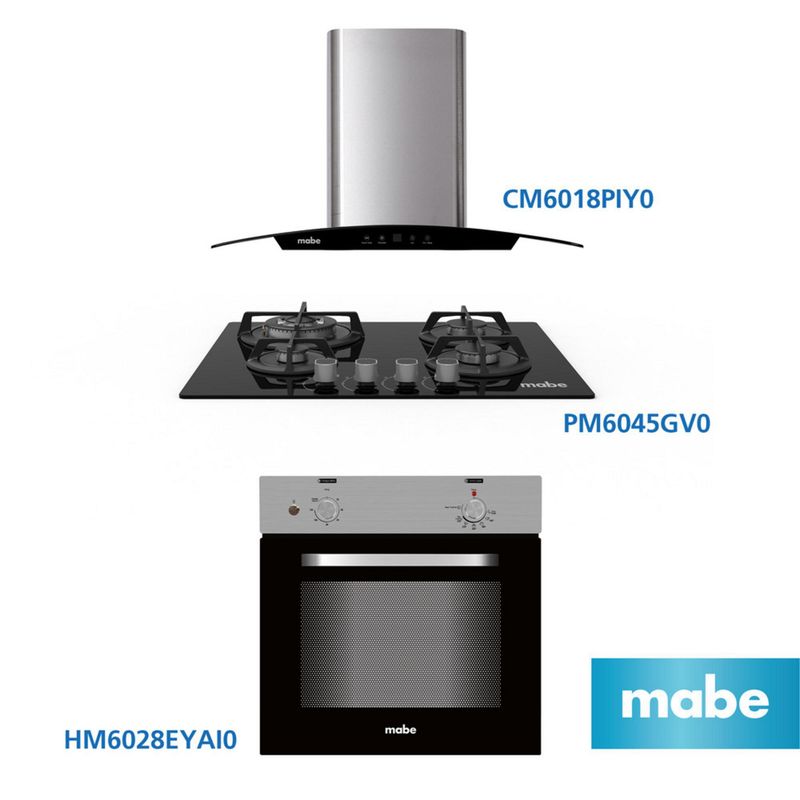 MABE - Combo Campana Decorativa CM6018PIY0 + Cocina Empotrable PM6045GV0 + Horno Empotrable Eléctrico HM6028EYAI0