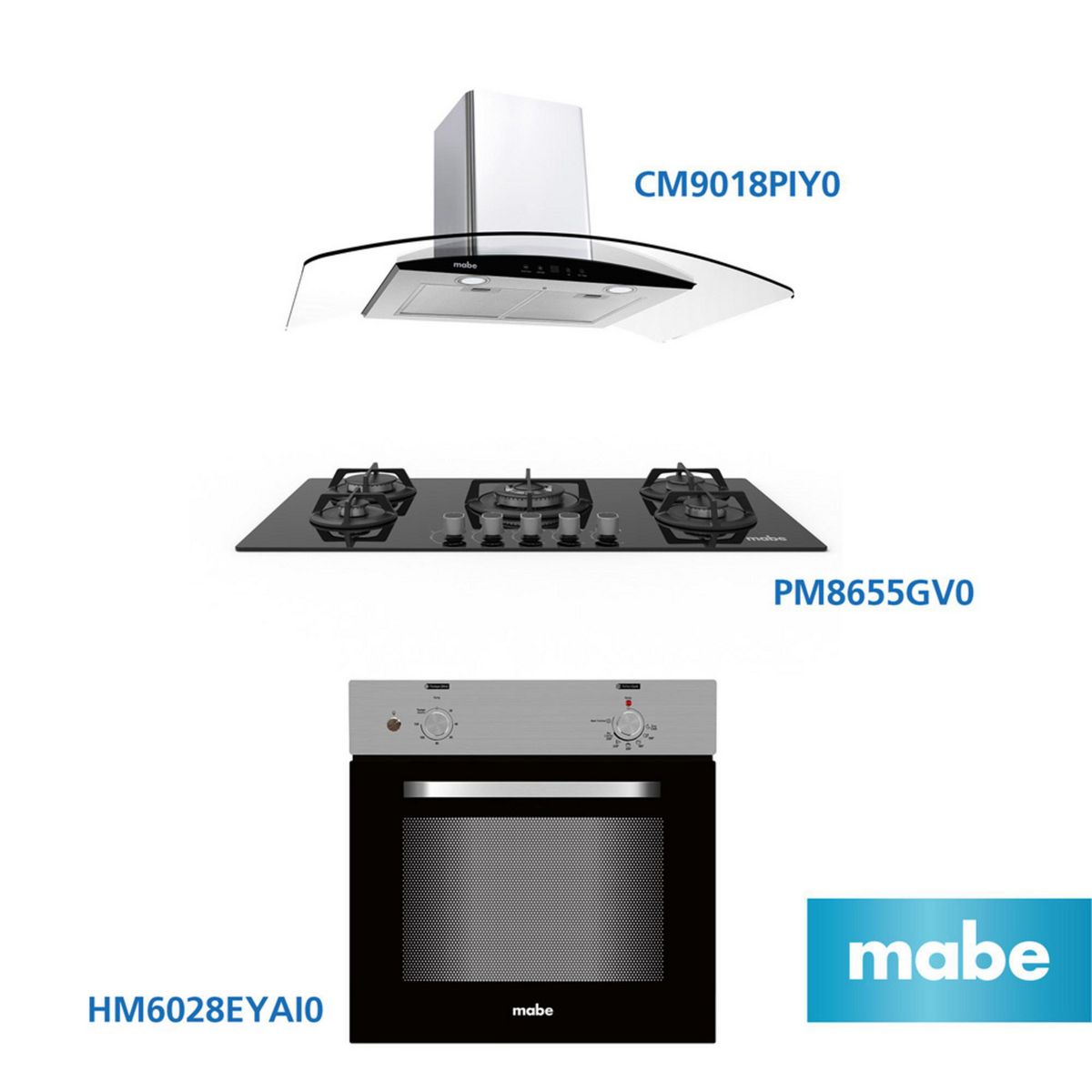 MABE - Combo Campana Decorativa CM9018PIY0 + Cocina Empotrable PM8655GV0 + Horno Empotrable Eléctrico HM6028EYAI0