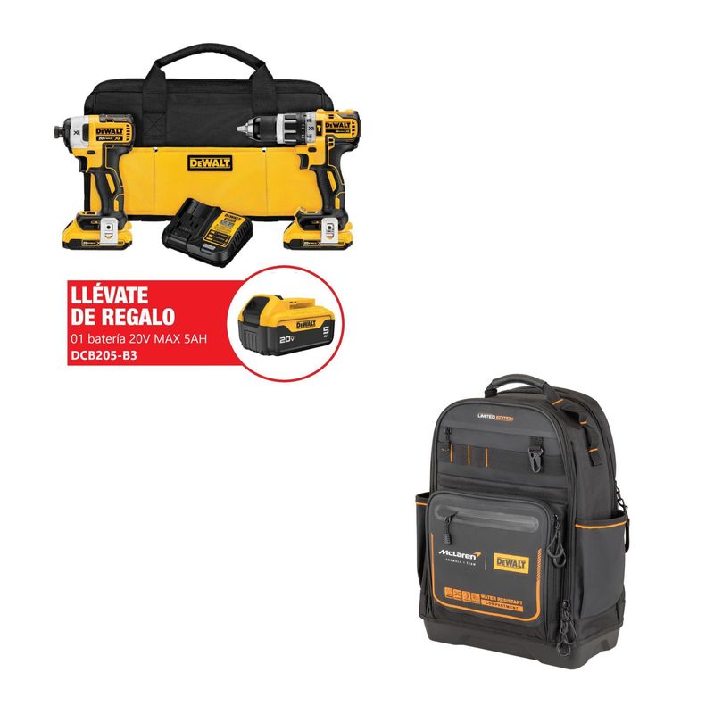 DEWALT - Taladro Percutor 20V + Atornillado 20v + 2 Baterías 2.0Ah + 1 Batería 5.0Ah + Cargador + Maleta + Mochila Mclaren F1 Team Pro Dewalt
