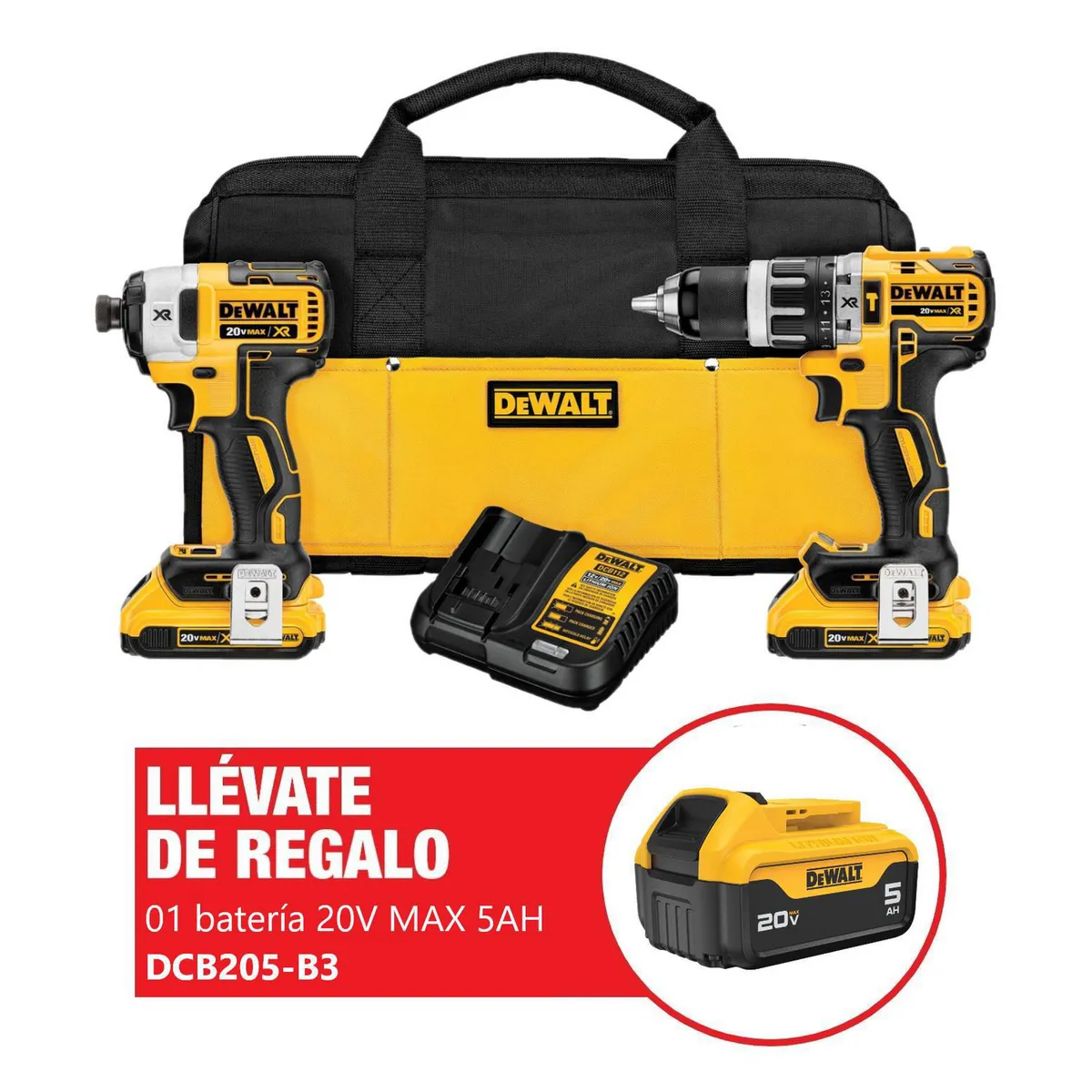 DEWALT - Taladro Percutor 20V + Atornillado 20v + 2 Baterías 2.0Ah + 1 Batería 5.0Ah + Cargador + Maleta