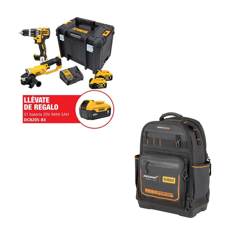DEWALT - Taladro Percutor 1/2" 20V + Esmeril 4-1/2" 20V + 2 Baterías 5.0Ah + 1 Batería 5.0Ah +Cargador+Maleta + Mochila Mclaren F1 Team Pro Dewalt