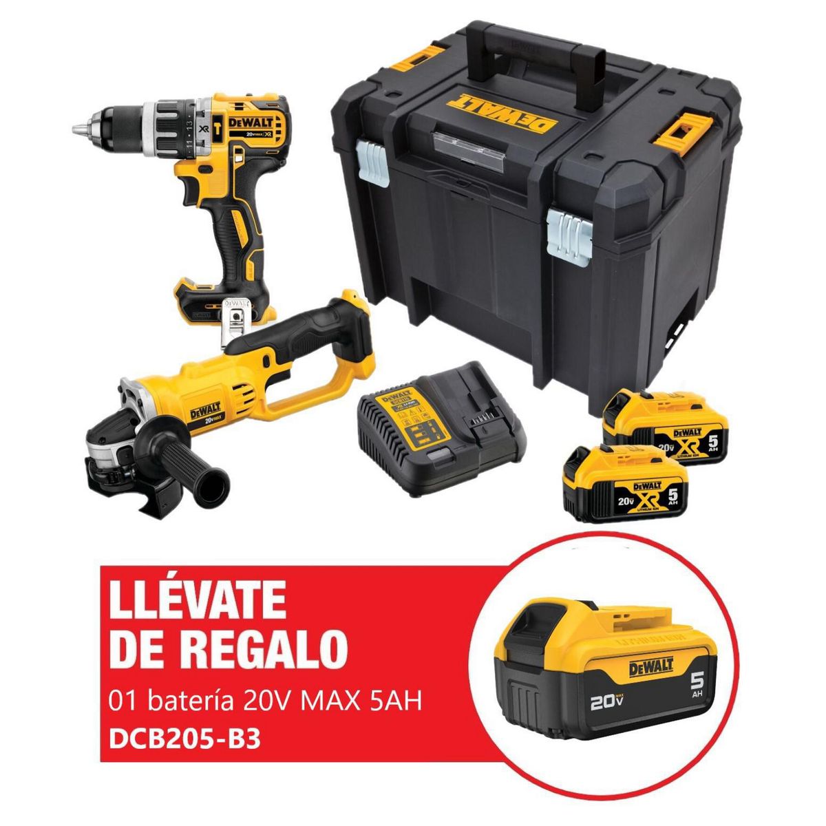 DEWALT - Taladro Percutor 1/2" 20V + Esmeril 4-1/2" 20V + 2 Baterías 5.0Ah + 1 Batería 5.0Ah +Cargador+Maleta