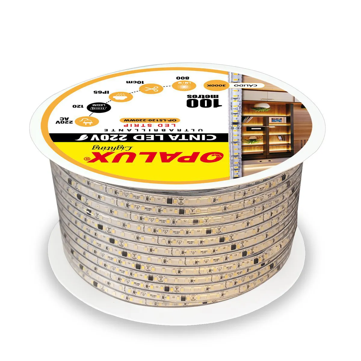 OPALUX - Rollo Tira LED 120 LED 220 V 100 m Luz Cálida