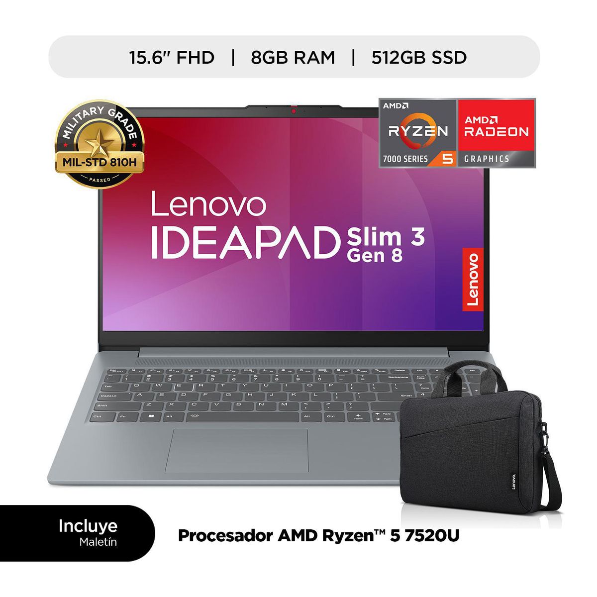 LENOVO - Laptop LENOVO IdeaPad Slim 3 15.6" AMD Ryzen 5 (7000 series) 8GB 512GB SSD + Maletín