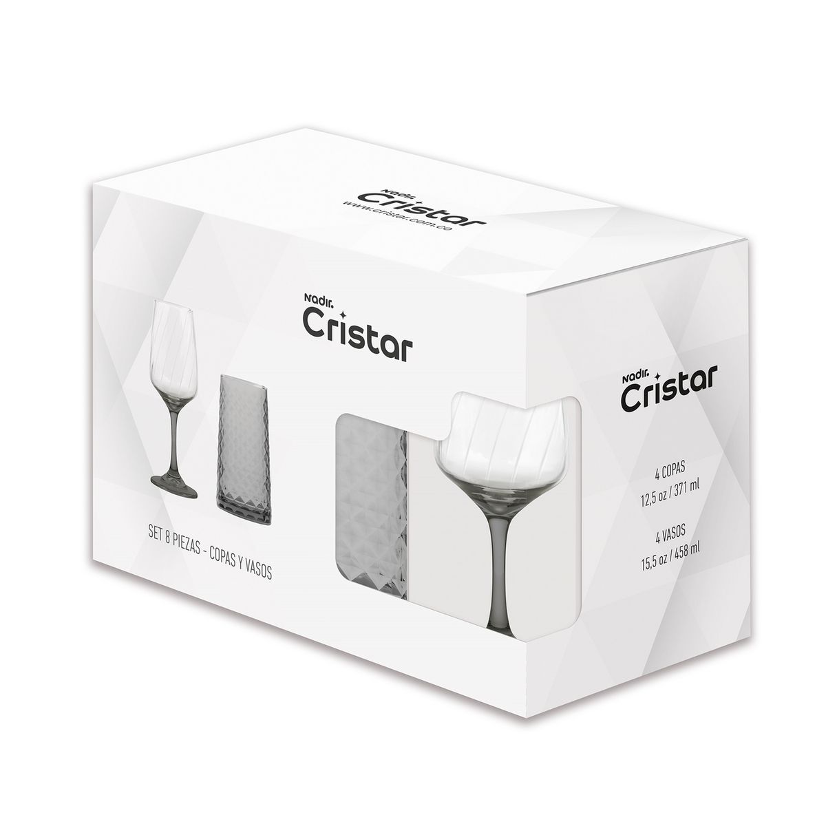 NADIR - Set Gris con 8 Vasos y Copas