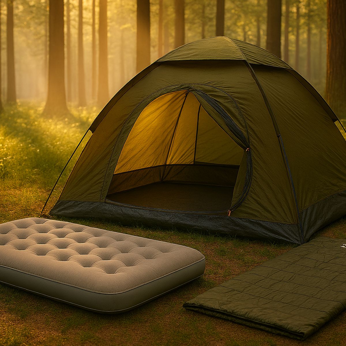 KLIMBER - Carpa Para 4 Personas Modelo Dome Color Verde + Colchón Inflable 2 Plazas + Bolsa de Dormir Basic Verde