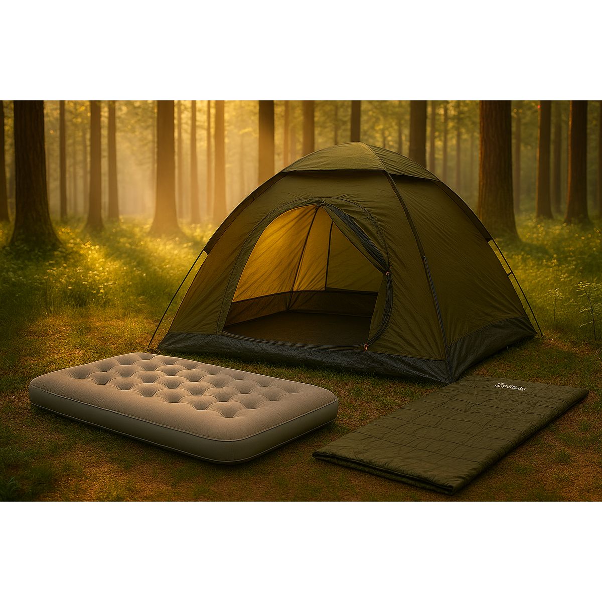 KLIMBER - Carpa Para 4 Personas Modelo Dome Color Verde + Colchón Inflable 2 Plazas + Bolsa de Dormir Basic Verde