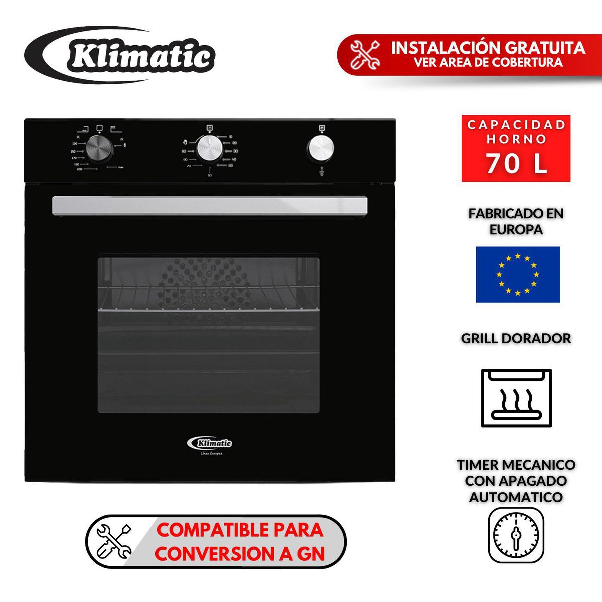 KLIMATIC - Tricombo Cocina Empotrable Aosta + Campana Extractora Aria + Horno Empotrable Bremen Klimatic