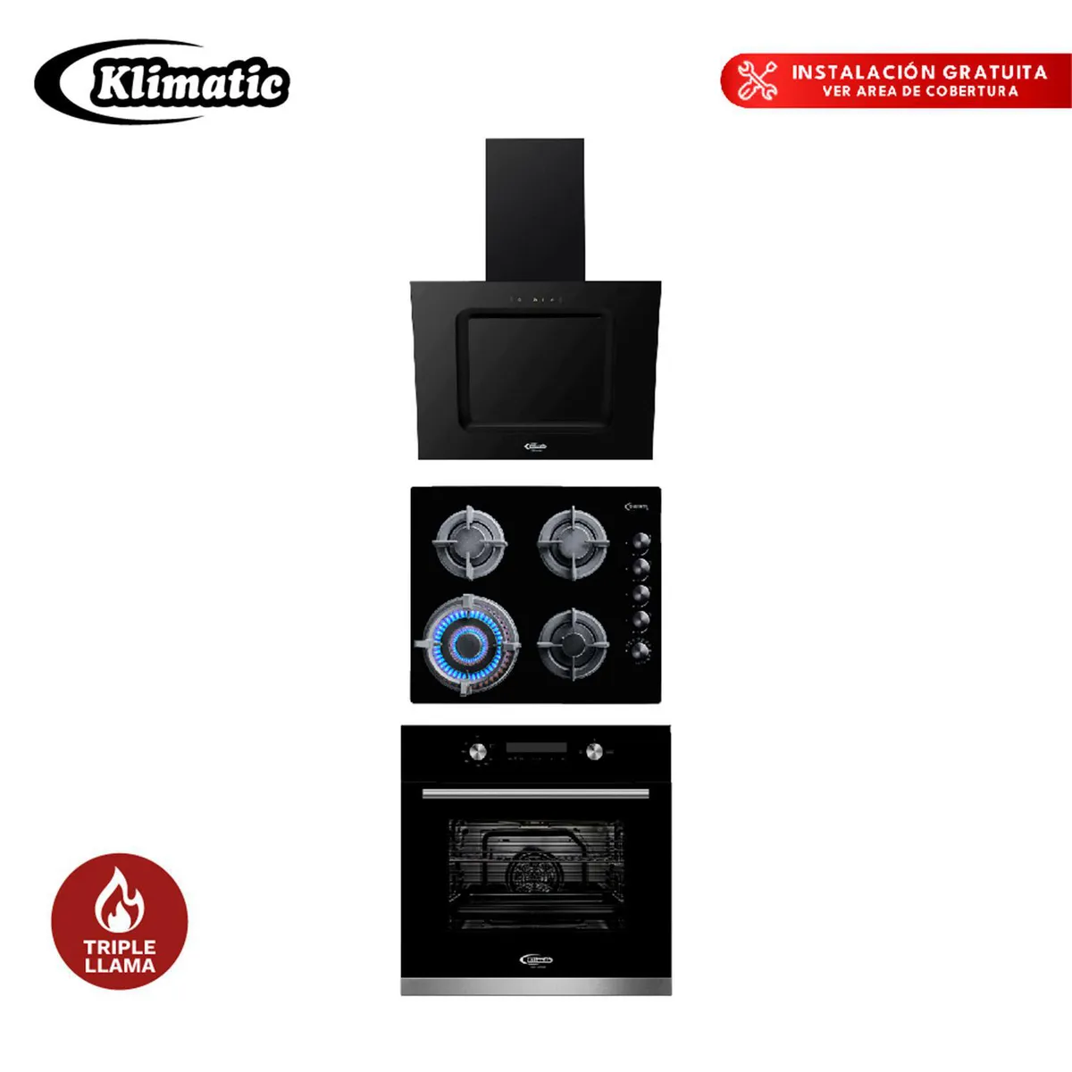 Klimatic - Tricombo Cocina Empotrable 4 Hornillas Gia X + Campana Extractora Kamba + Horno Empotrable Bonn