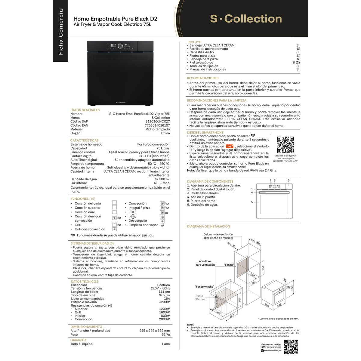 SCOLLECTION - Horno Empotrable Eléctrico 75L S-Collection SOLHO027 Negro