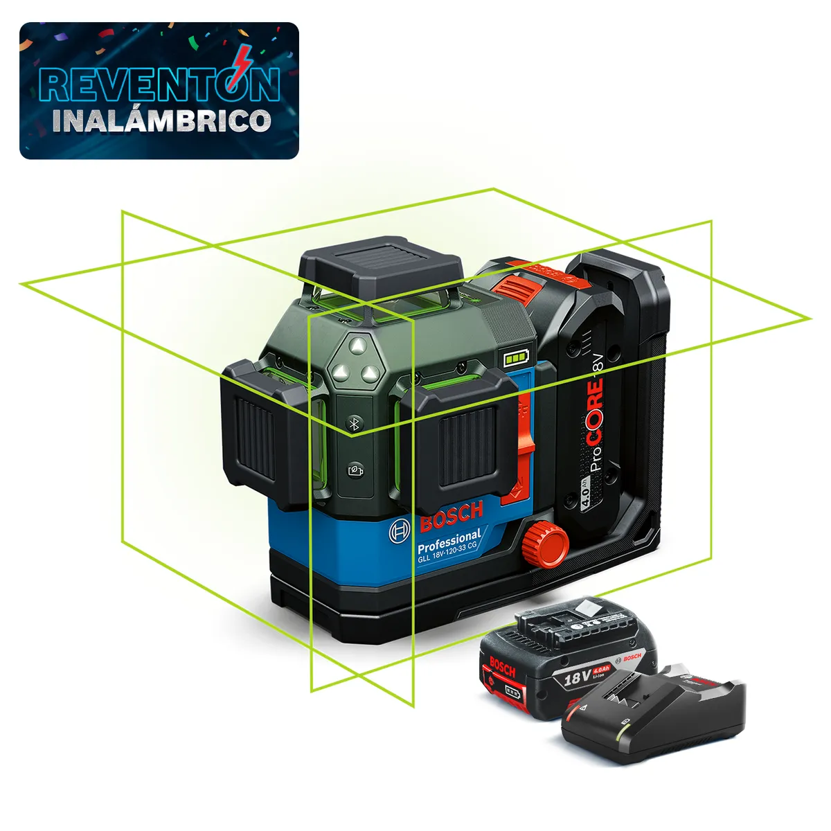 BOSCH - Nivel Láser GLL 18V-120-33 CG + Cargador GAL 18V-40 de Bosch 18V + Batería de Iones de Litio Bosch 18V GBA 18V 4.0Ah.