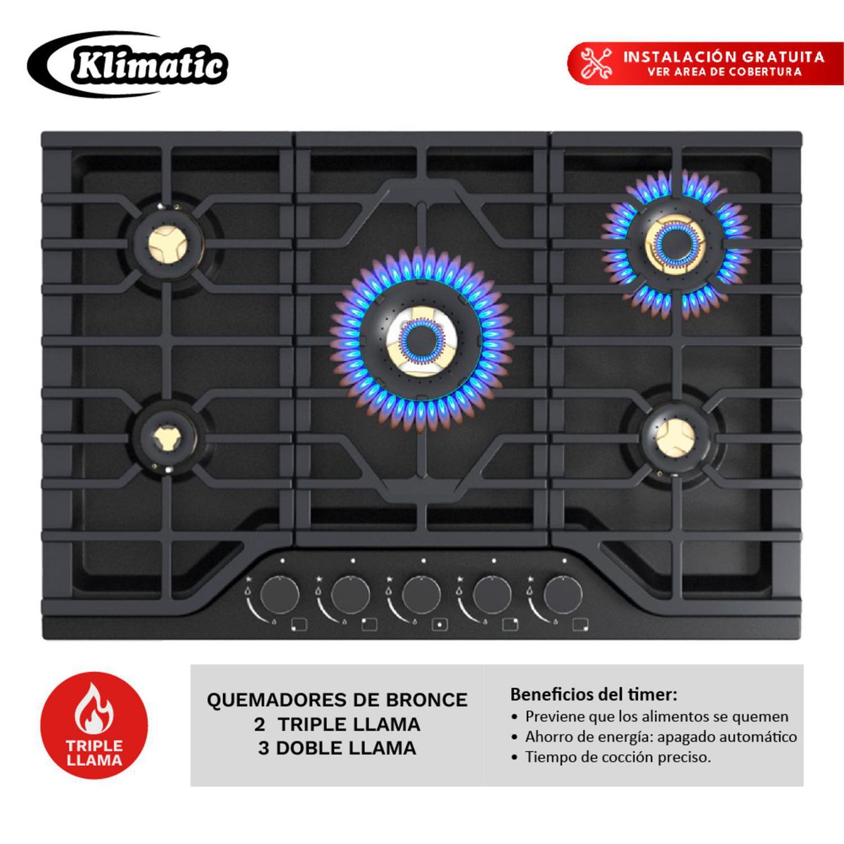 KLIMATIC - Cocina Empotrable Eléctrica 5 Hornillas Negro