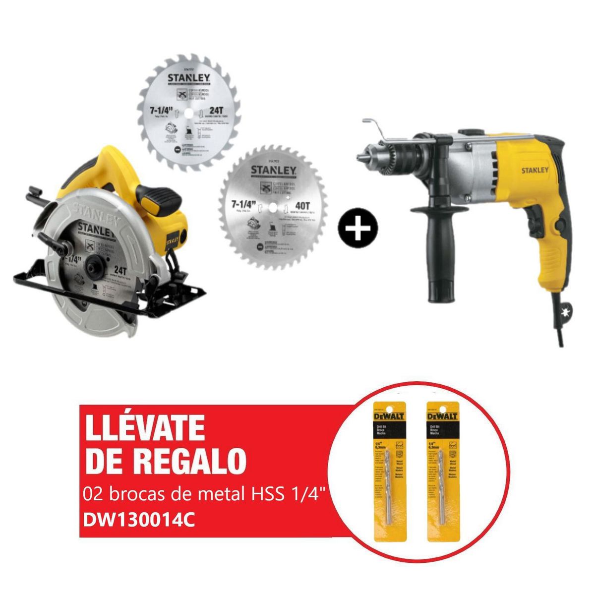 STANLEY - Sierra Circular 7-1/4'' 1600W eléctrica + 2 Discos + Taladro Percutor 1/2" 800W STDH8013 + Regalo: 2 brocas metal HSS 1/4