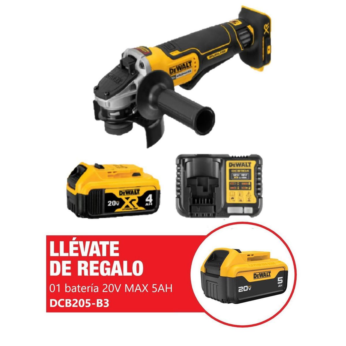 DEWALT - Esmeril Angular 5 20V + 01 Batería Ion Litio 20V 5.0Ah + 01 Batería Ion de Litio 4.0Ah + 1 Cargador