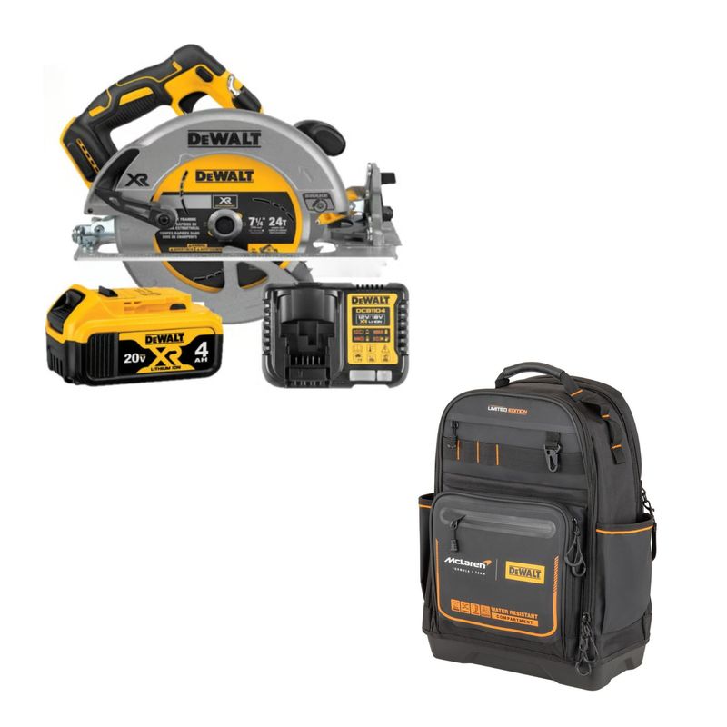 DEWALT - Sierra Circular 18V + 01 Batería Ion Litio 20V 5.0Ah + 01 Batería Ion de Litio 4.0Ah + 1 Cargador + Mochila Mclaren F1 Team Pro Dewalt