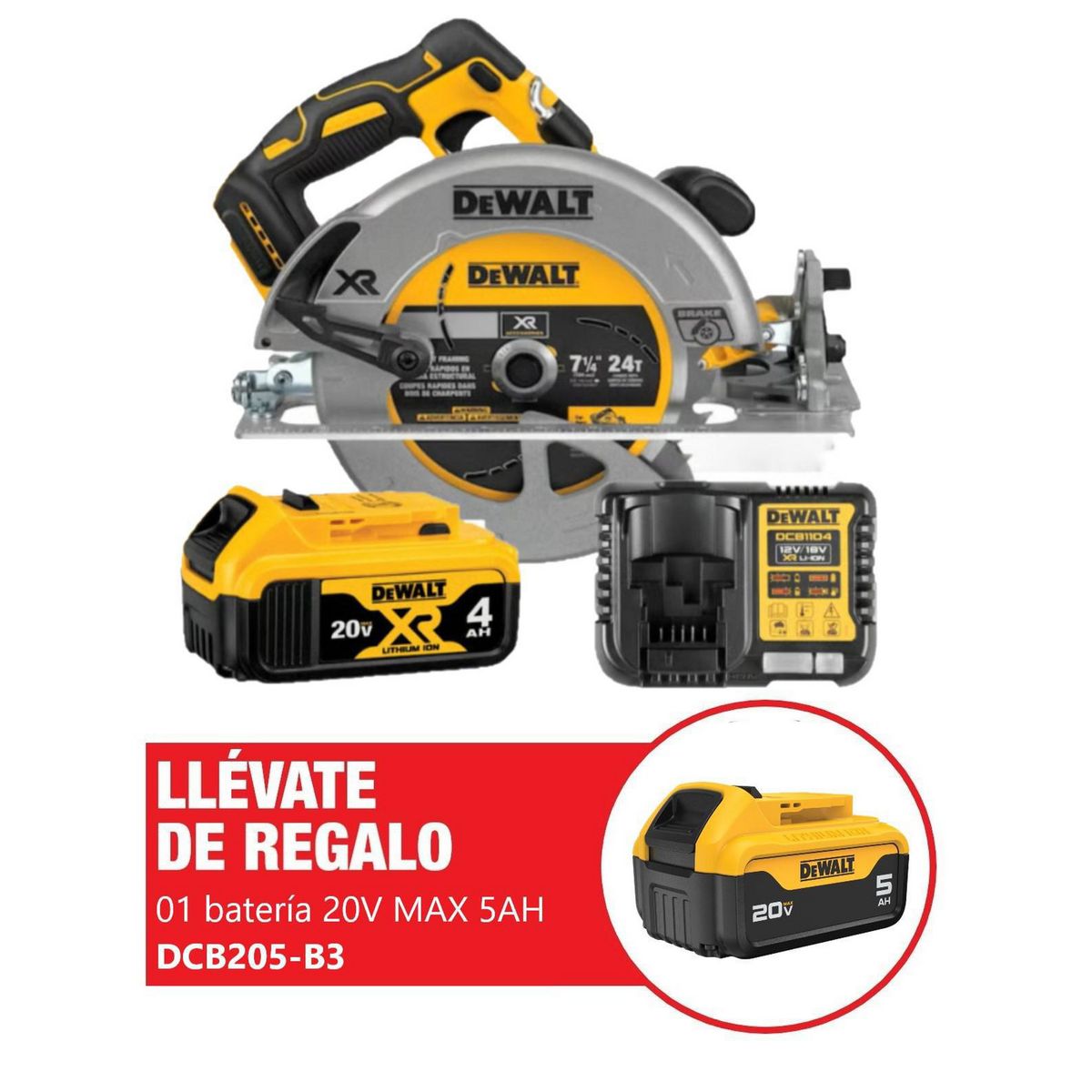 DEWALT - Sierra Circular 18V + 01 Batería Ion Litio 20V 5.0Ah + 01 Batería Ion de Litio 4.0Ah + 1 Cargador