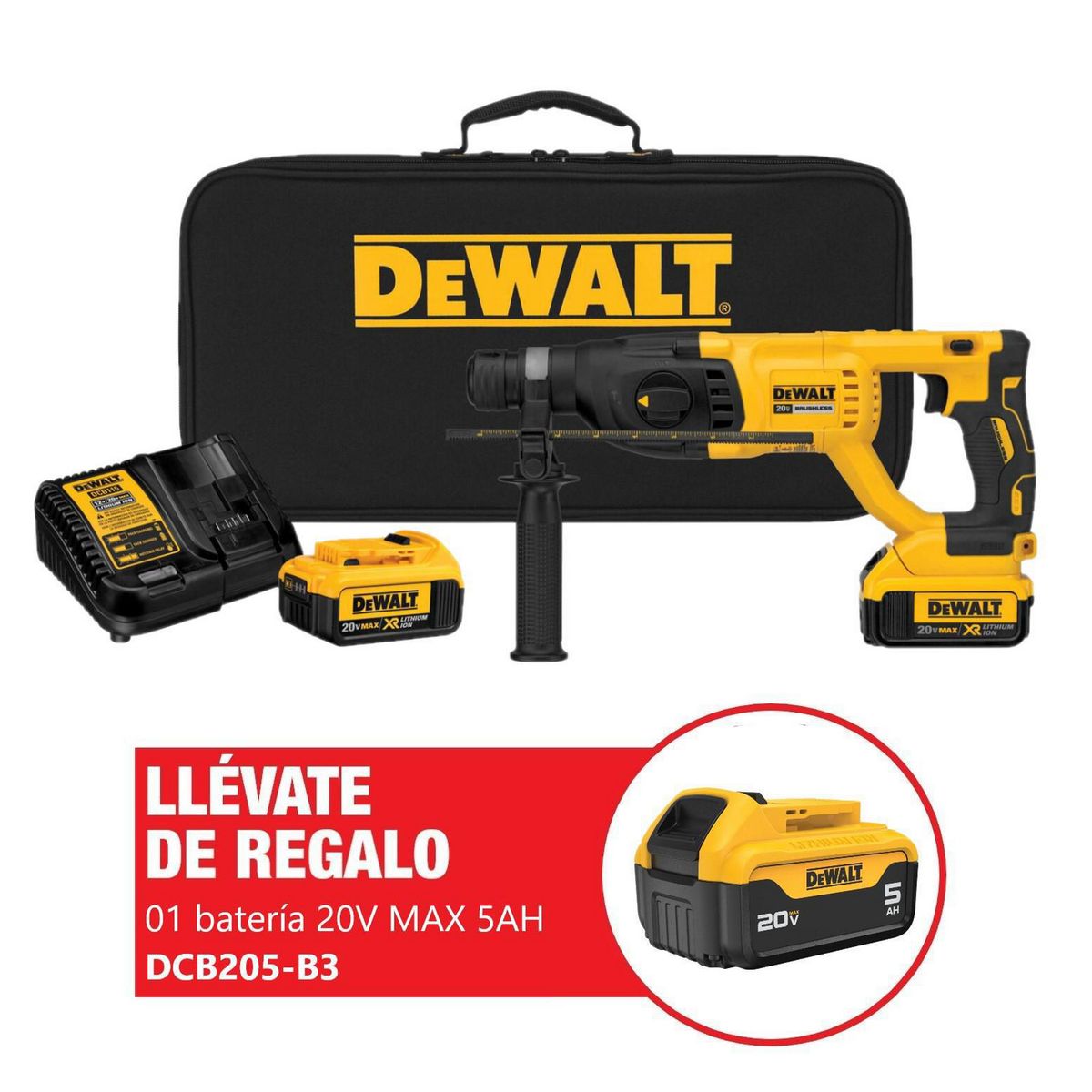 DEWALT - Rotomartillo 20V + 01 Batería Ion Litio 20V 5.0Ah + 02 Batería Ion de Litio 4.0Ah + Cargador