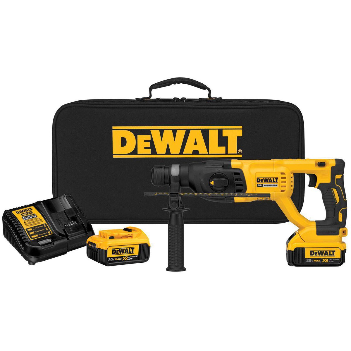 DEWALT - Rotomartillo 20V + 01 Batería Ion Litio 20V 5.0Ah + 02 Batería Ion de Litio 4.0Ah + Cargador