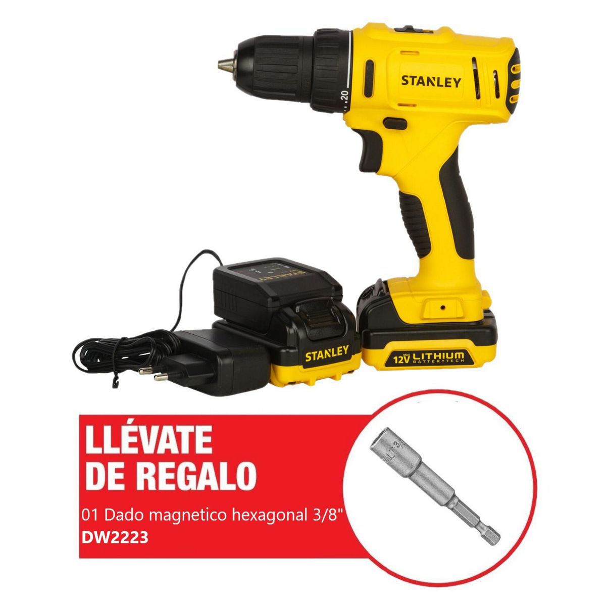 STANLEY - Taladro Atornillador 12V 1500RPM + 01 Bat 1.5AH + 01 Dado Hexagonal Pulgada 1/4 x 3/8 Largo Stanley