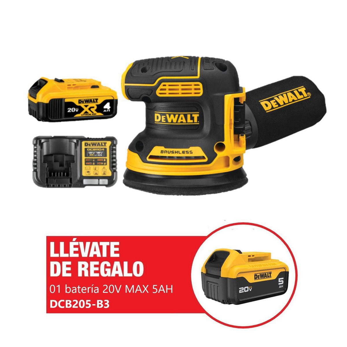 DEWALT - Lijadora Orbital 20V + 01 Batería Ion Litio 20V 5.0Ah + 01 Batería Ion de Litio 4.0Ah + 1 Cargador