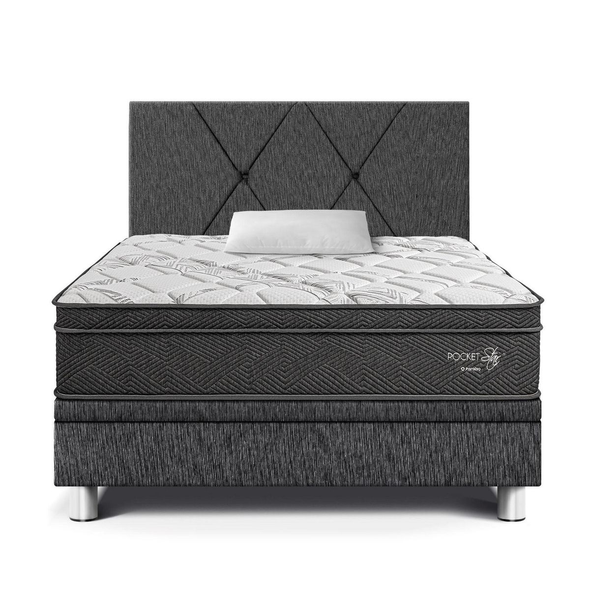 PARAISO - Dormitorio Boxet Pocket Star 1.5 plz Charcoal + 1 Almohada + 1 Protector