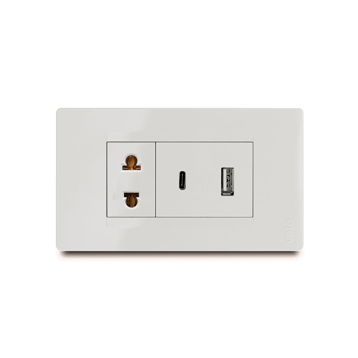 Interruptor Mixto 1 Toma USB (A+C) + 1 Tomacorriente Universal 2P Blanco PRE30944, marca VETO - Foto Principal