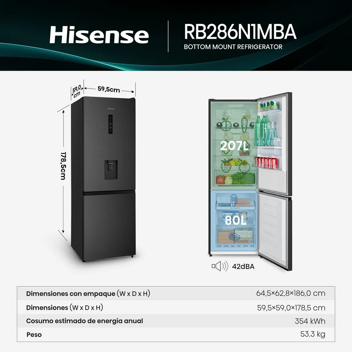 HISENSE - Refrigeradora Bottom 287 Litros Negro RB286N1MBA