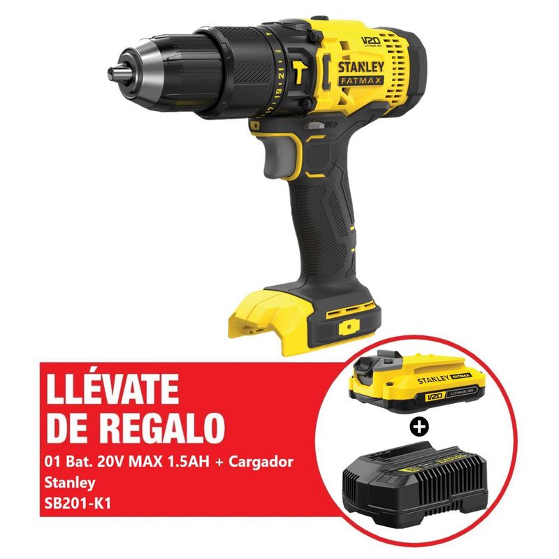 STANLEY - Taladro Percutor 1/2" 20V MAX + Batería 1.5AH 20V MAX + Cargador SCD711B-K3 Stanley