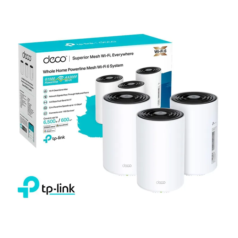 TP LINK - Deco PX50 3 Pack Mesh Sistema Wi-Fi 6 AX3000 + PLC AI G1500 Doble Banda