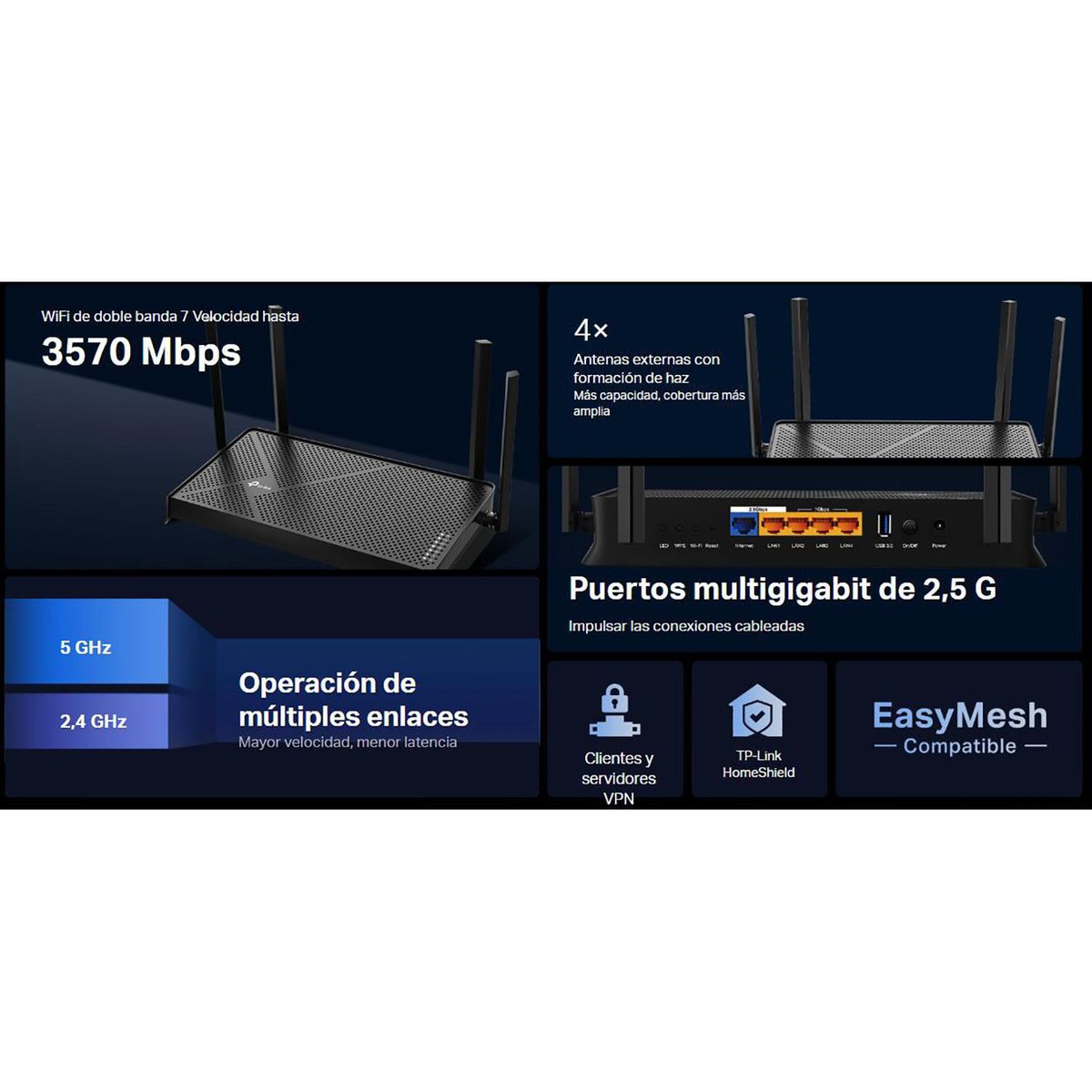 TP LINK - Router TP-Link Archer BE230 Wi-Fi 7 Doble Banda BE3600 EasyMesh