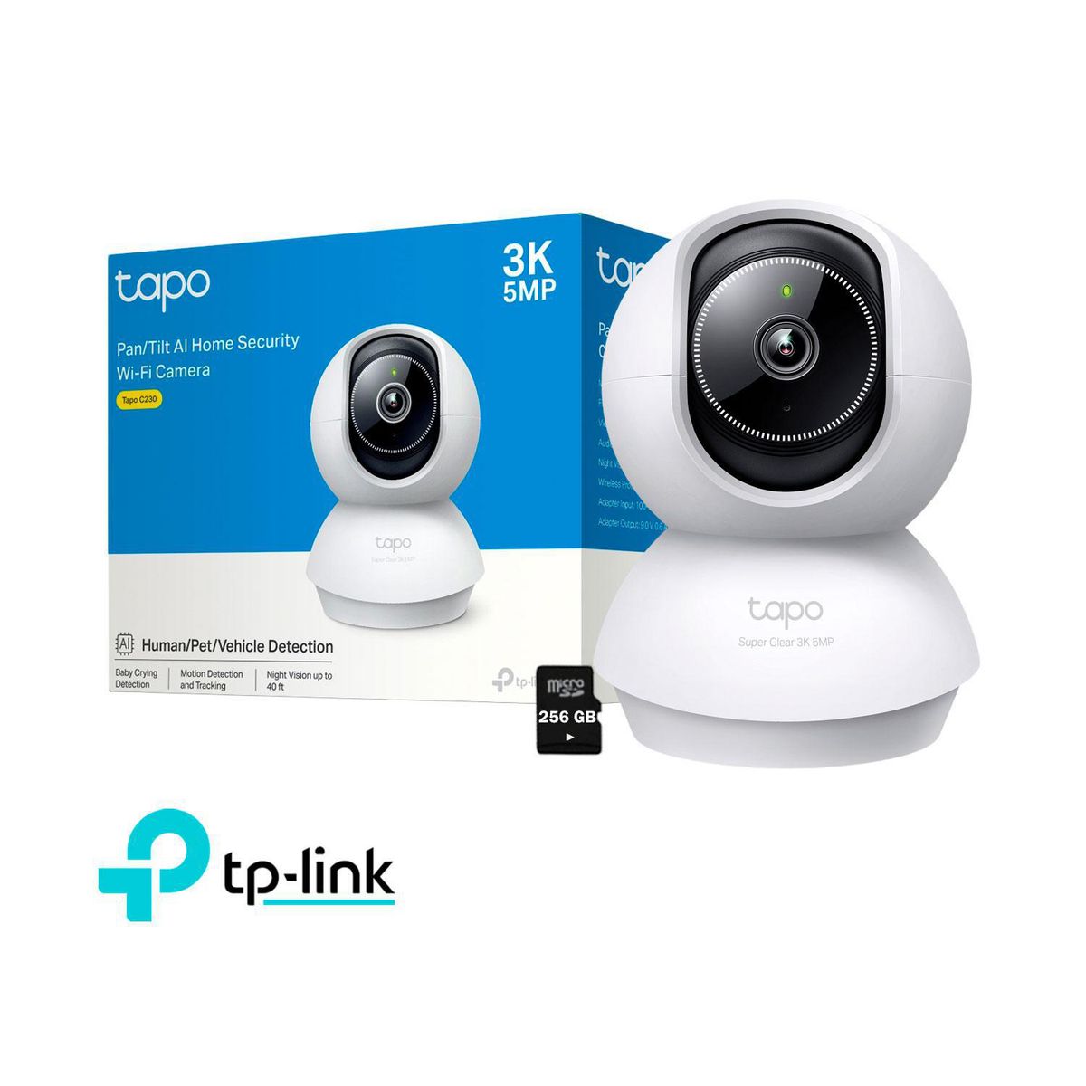 TP LINK - Cámara de Seguridad Tapo C230 3K 360° con Audio Bidireccional, Detección IA + SD 256GB