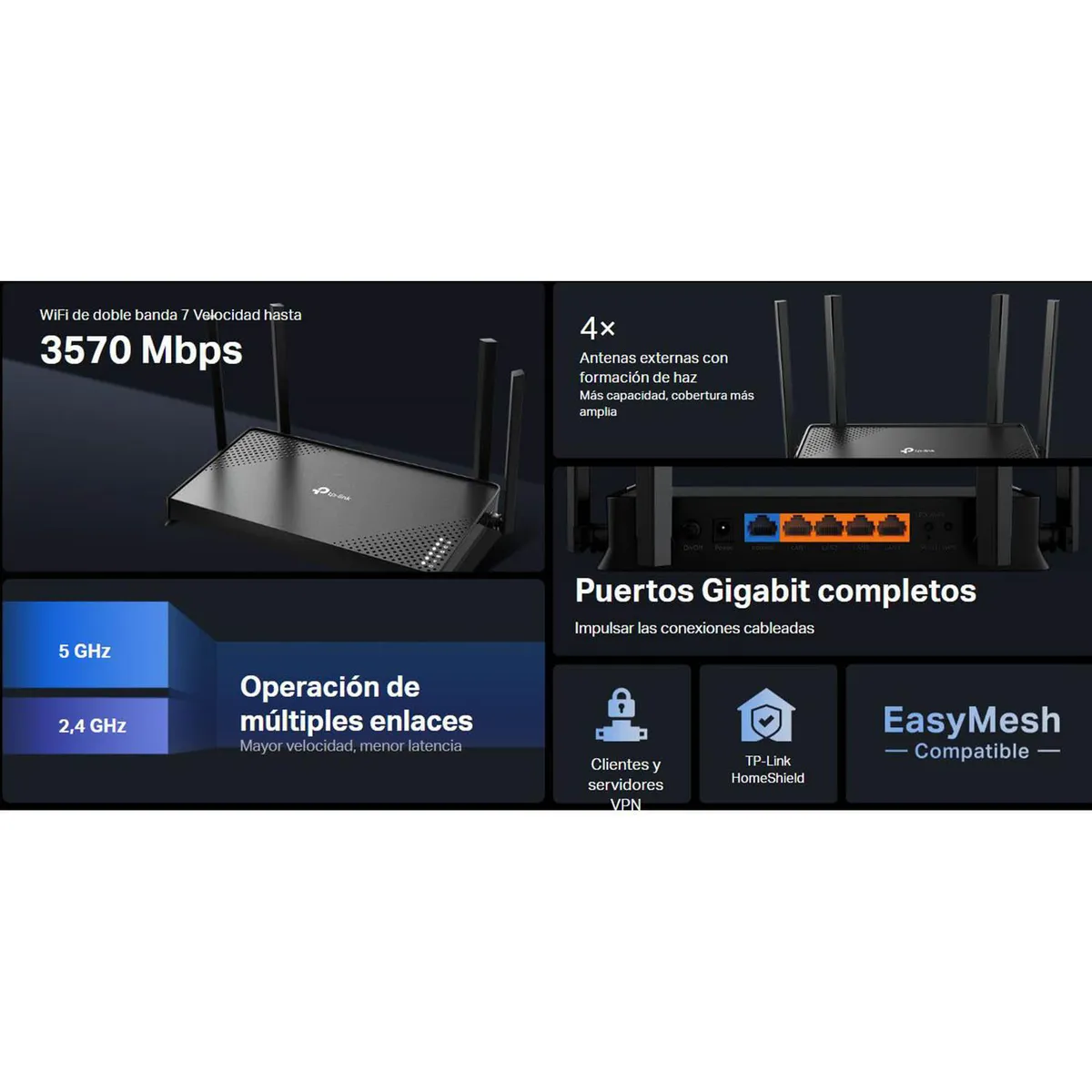 TP LINK - TP-LINK Archer BE220 Router Wi-Fi 7 de doble banda BE3600
