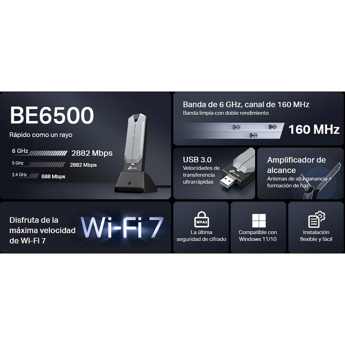 TP LINK - Archer TBE400UH BE6500 Wi-Fi 7 Adaptador USB Inalámbrico Triple Banda