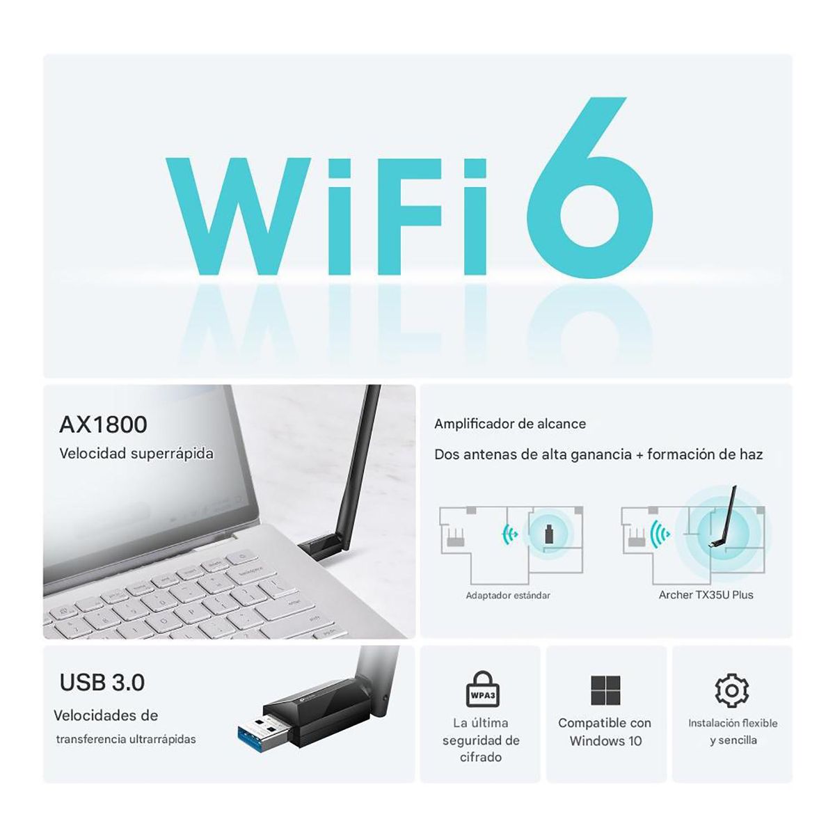 TP LINK - Archer TX35U Plus AX1800 Wi-Fi 7 Adaptador USB Inalámbrico Doble Banda