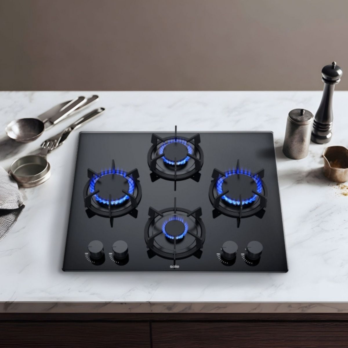 SOLE - Encimera Empotrable A Gas 4 Hornillas 60cm Sole Rubí 3120SOLCO078 Negro