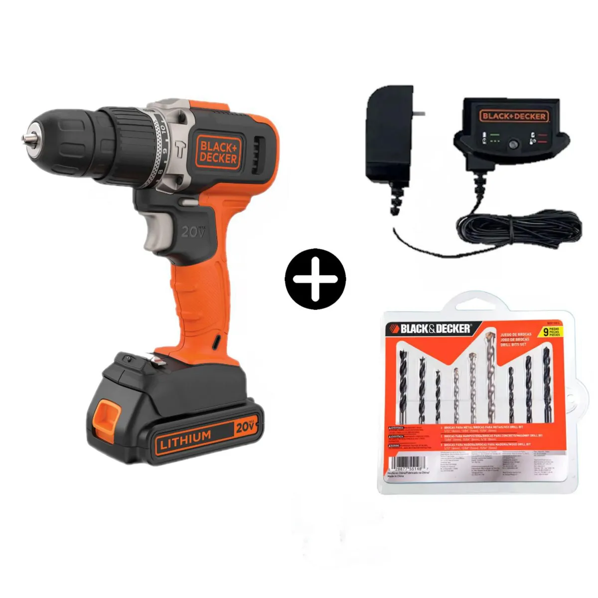 Taladro Percutor 3/8" 20V Max 01 Bat 1.5Ah + Set de Brocas + Cargador B+D, marca Black+Decker - Foto Principal